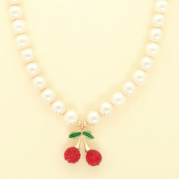 Red Cherry Pendant Pearl Necklace - Picture 1 of 2